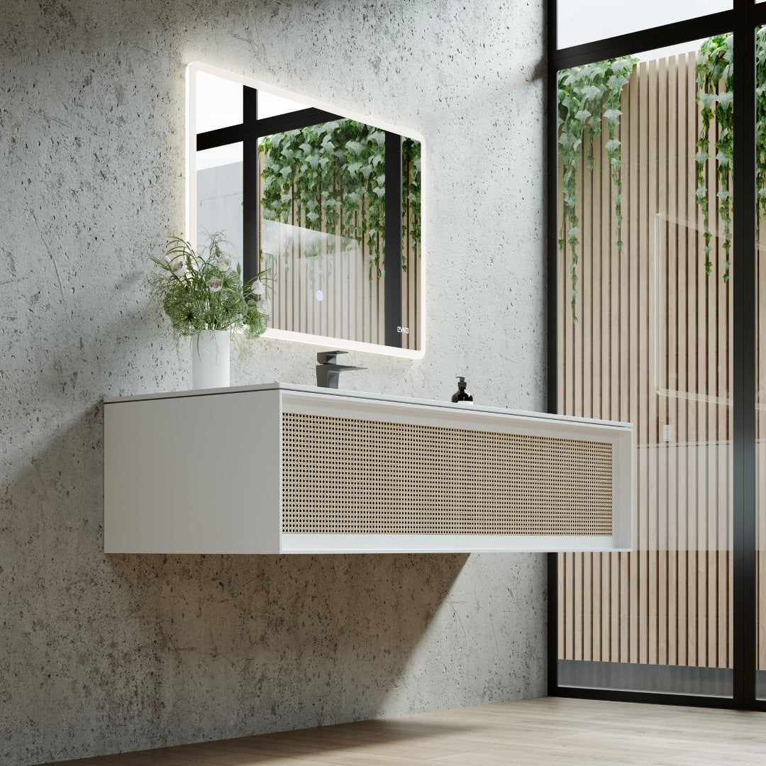Nets 44 in. Natural Oak/White Wall Mount Single Sink Bath Vanity with Solid Surface Top and Integrated Sink