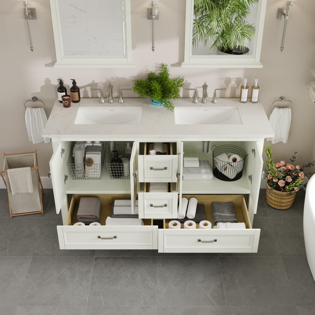 Britney 60 in. White Double Sink Bath Vanity with Carrara Quartz Top and Undermount Porcelain Sinks - Bathroom Vanity by Eviva