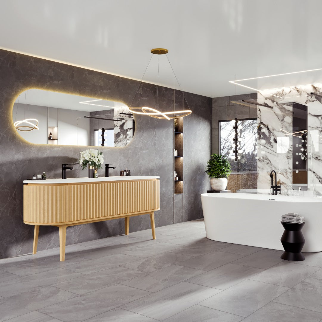 Haven 71 in. Natural Oak Double Sink  Bath Vanity with Solid Surface Top and Integrated Sinks