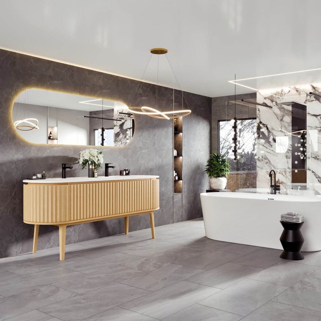 Haven 71 in. Natural Oak Freestanding Double Sink Bath Vanity with Solid Surface Top and Integrated Sinks - Bathroom Vanity by Eviva
