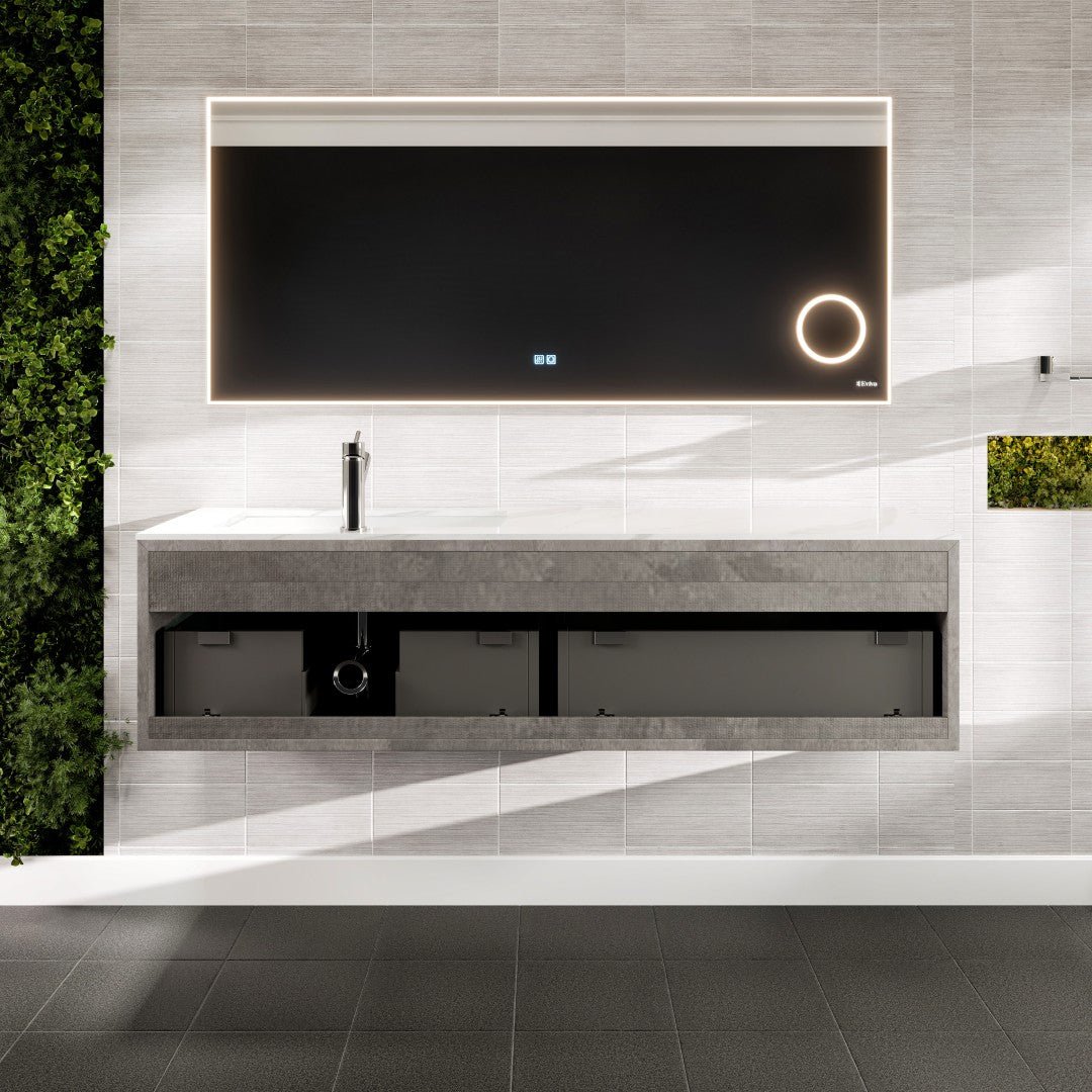 Aurora 60 in. Concrete Gray Wall Mount Single Sink Bath Vanity with Carrara Quartz Top and Undermount Porcelain Sink - Bathroom Vanity by Eviva