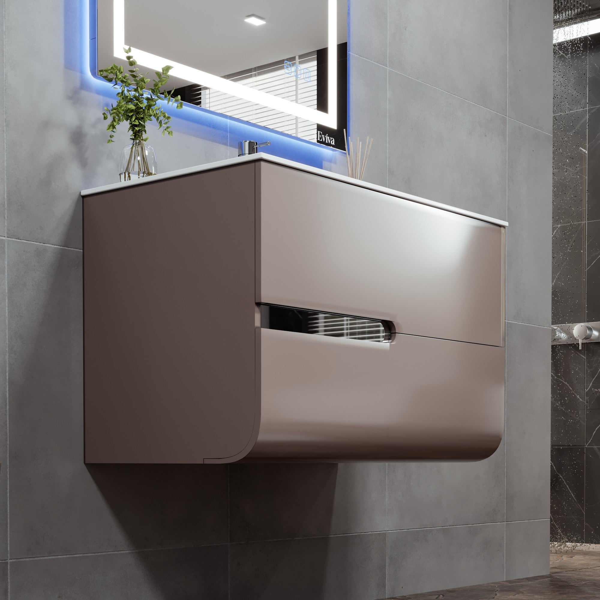 Ways 32 in. Mocha Wall Mount Single Sink Bath Vanity with Porcelain Top and Integrated Sink