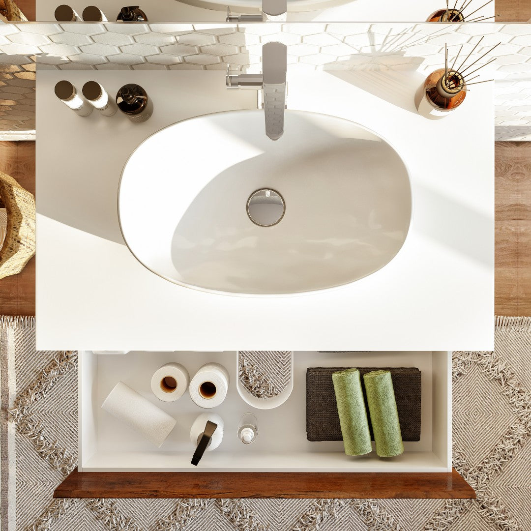 Santa Monica 36 in. Rosewood Wall Mount Single Sink Bath Vanity with Acrylic Top and Vessel Solid Surface Sink