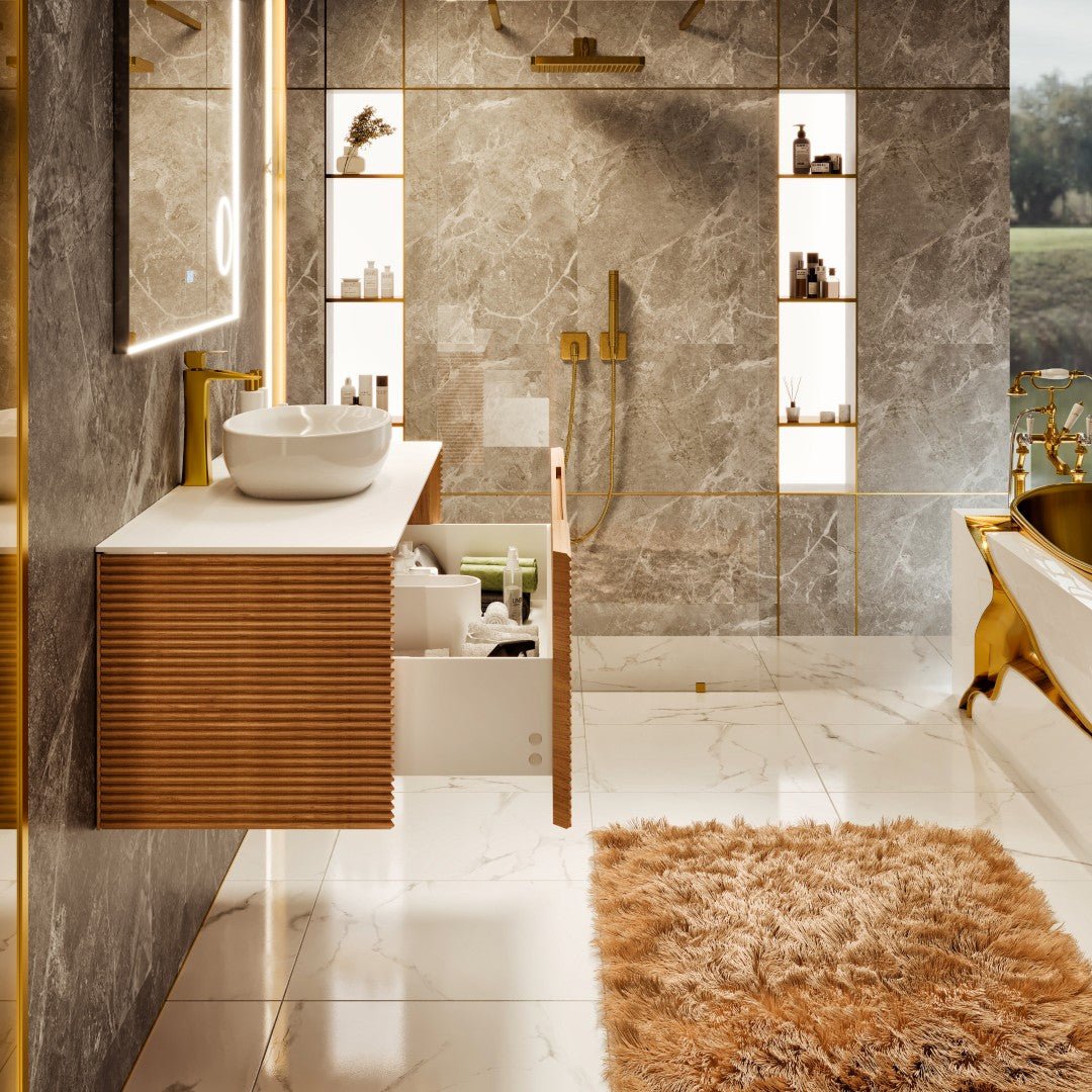 Leah 32 in. Medium Oak Wall Mount Single Sink Bath Vanity with Solid Surface Top and Vessel Solid Surface Sink - Bathroom Vanity by Eviva