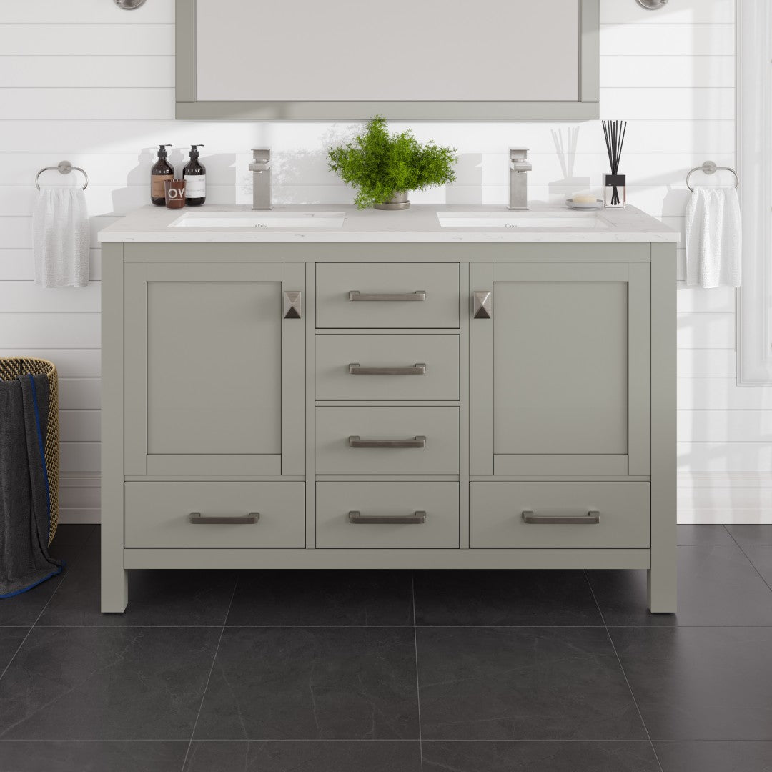 London 54 in. Gray Double Sink Bath Vanity with Carrara Quartz Top and Undermount Porcelain Sinks