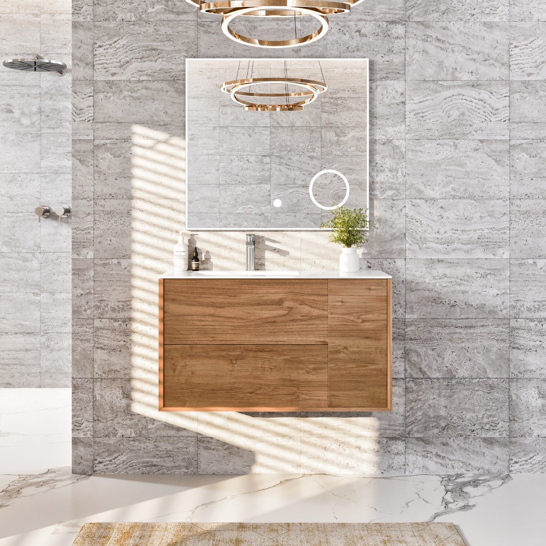 Prancer 44 in. Natural Oak Wall Mount Single Sink Bath Vanity with Solid Surface Top and Integrated Sink - Bathroom Vanity by Eviva