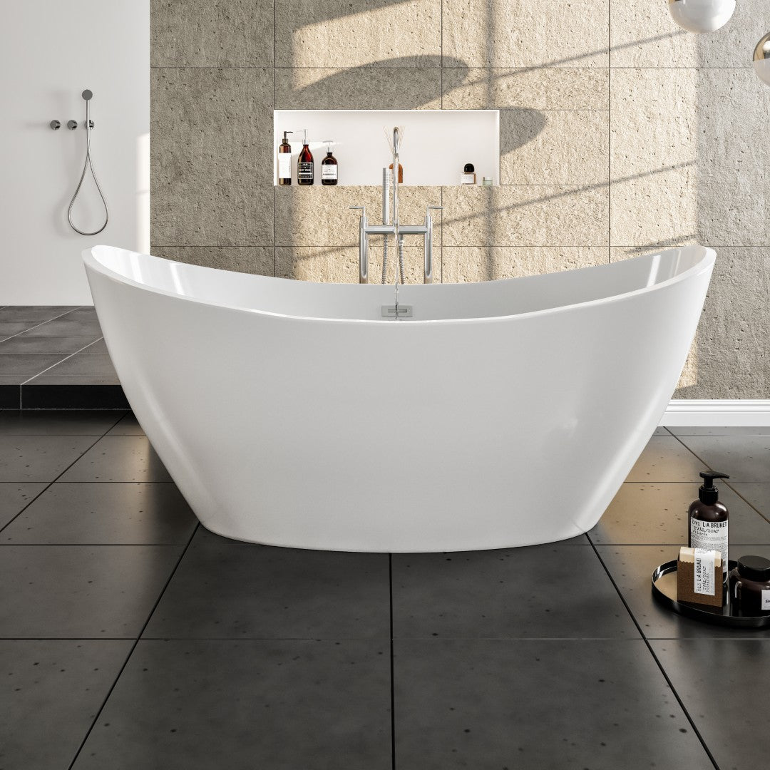 A glossy white acrylic slipper freestanding bathtub installed in a bathroom with black flooring, positioned next to a shower with bottles and a towel hanging on the wall.
