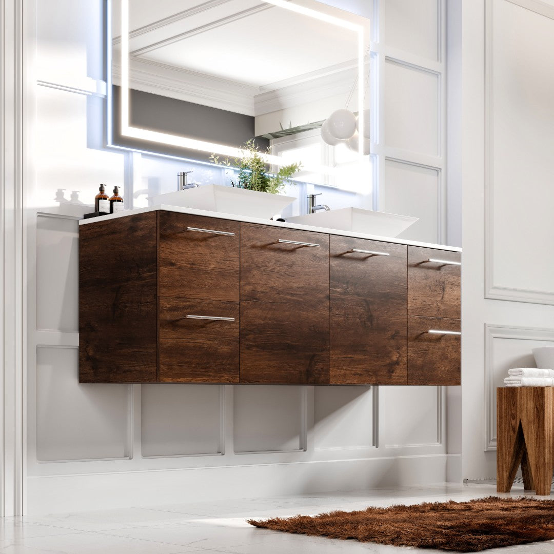 Luxurious 60 in. Rosewood Wall Mount Double Sink  Bath Vanity with White Quartz Top and Vessel Porcelain Sinks