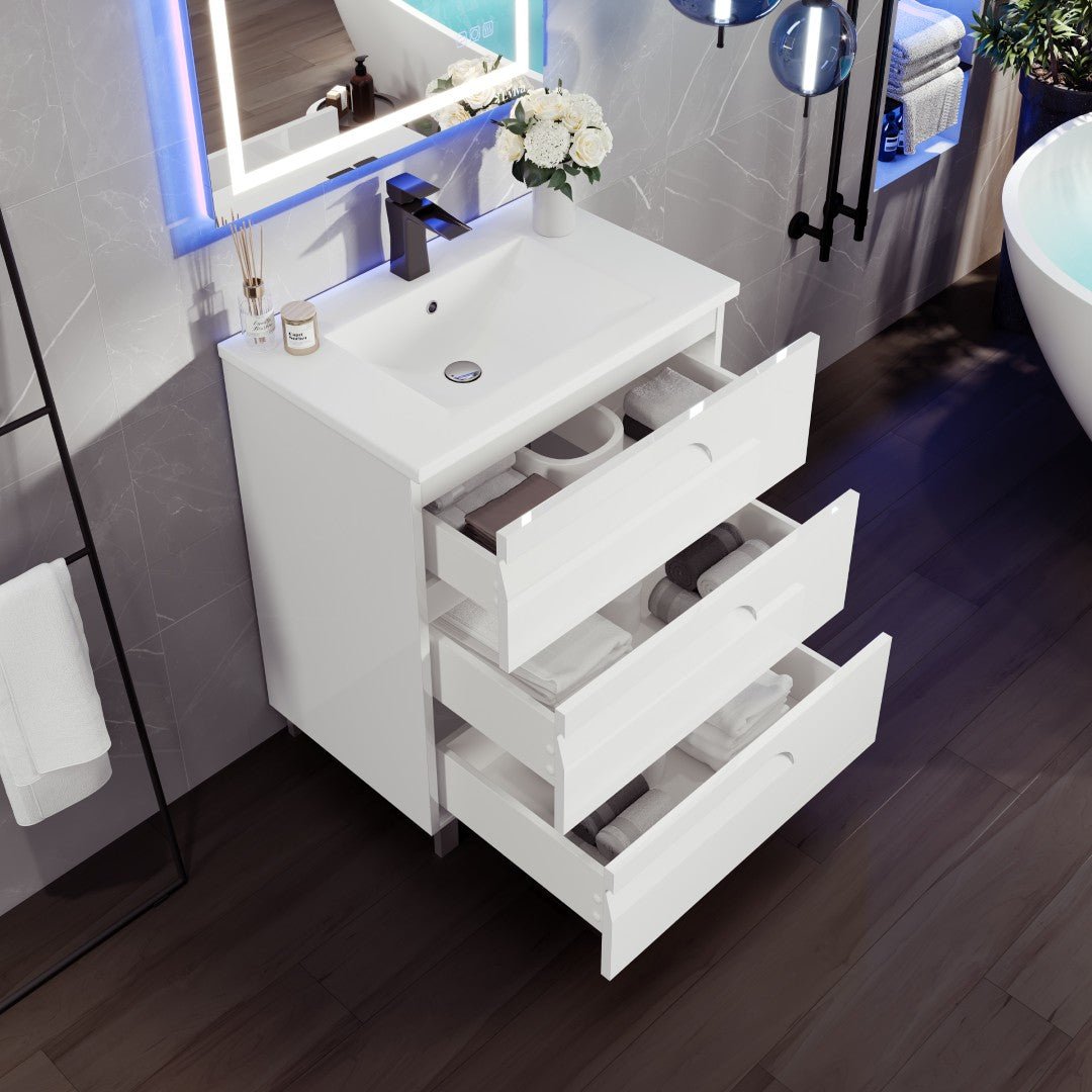 Joy 32 in. White Single Sink Freestanding Bath Vanity with Porcelain Top and Integrated Sink - Bathroom Vanity by Eviva