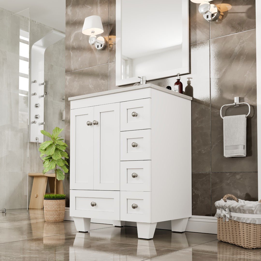 Happy 24 in. White Single Sink Bath Vanity with Carrara Quartz Top and Undermount Porcelain Sink - Bathroom Vanity by Eviva