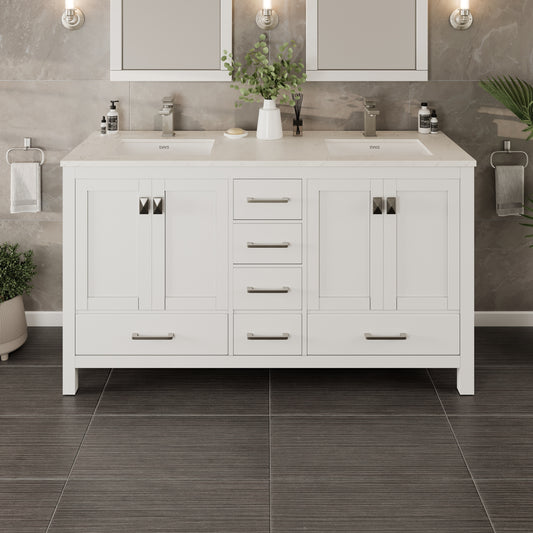 London 60"W x 18"D White Double Sink Bathroom Vanity with Carrara Quartz Countertop and Undermount Porcelain Sink