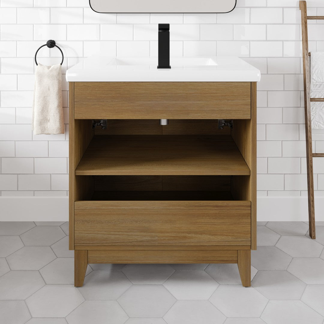 Graham 30 in. Oak Single Sink Bath Vanity with Porcelain Top and Integrated Sink