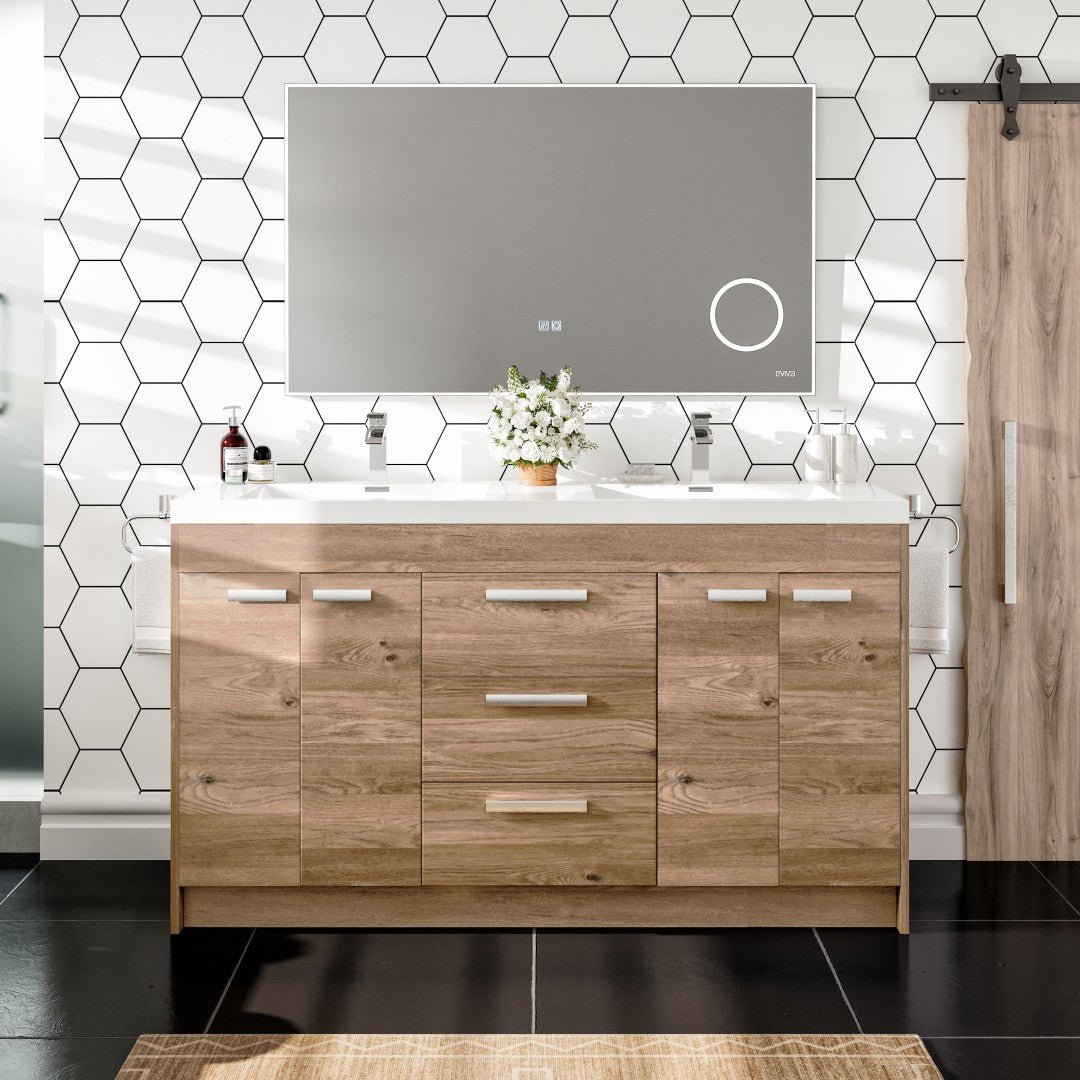 Lugano 60 in. Natural Oak Double Sink Freestanding Bath Vanity with Acrylic Top and Integrated Sinks - Bathroom Vanity by Eviva