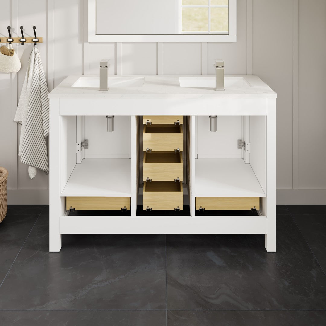 London 54 in. White Double Sink Bath Vanity with Carrara Quartz Top and Undermount Porcelain Sinks