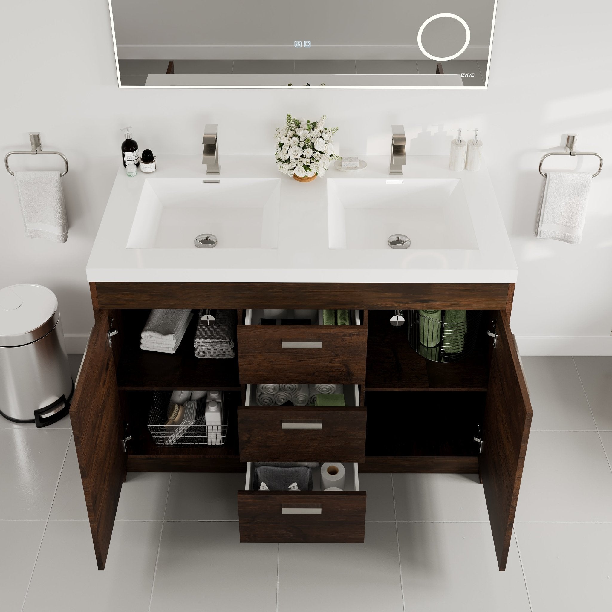 Lugano 48 in. Rosewood Double Sink Bath Vanity with Acrylic Top and Integrated Sinks - Bathroom Vanity by Eviva