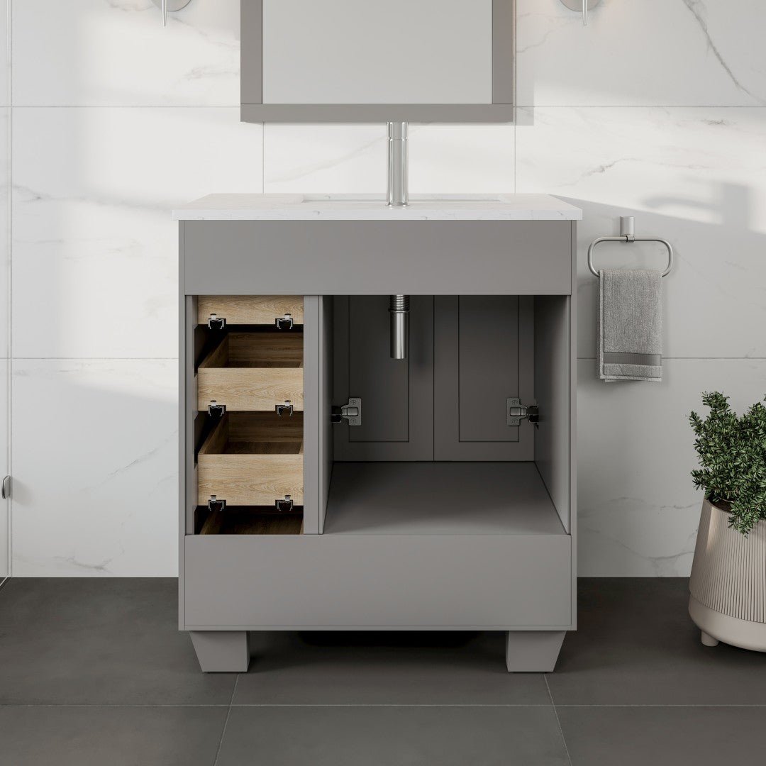 Happy 28 in. Gray Single Sink Bath Vanity with Carrara Quartz Top and Undermount Porcelain Sink - Bathroom Vanity by Eviva
