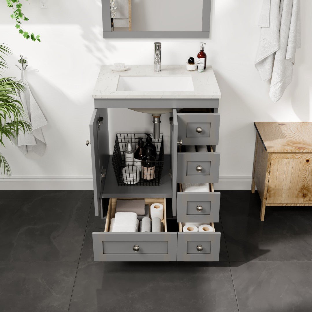 Happy 24 in. Gray Single Sink Bath Vanity with Carrara Quartz Top and Undermount Porcelain Sink - Bathroom Vanity by Eviva