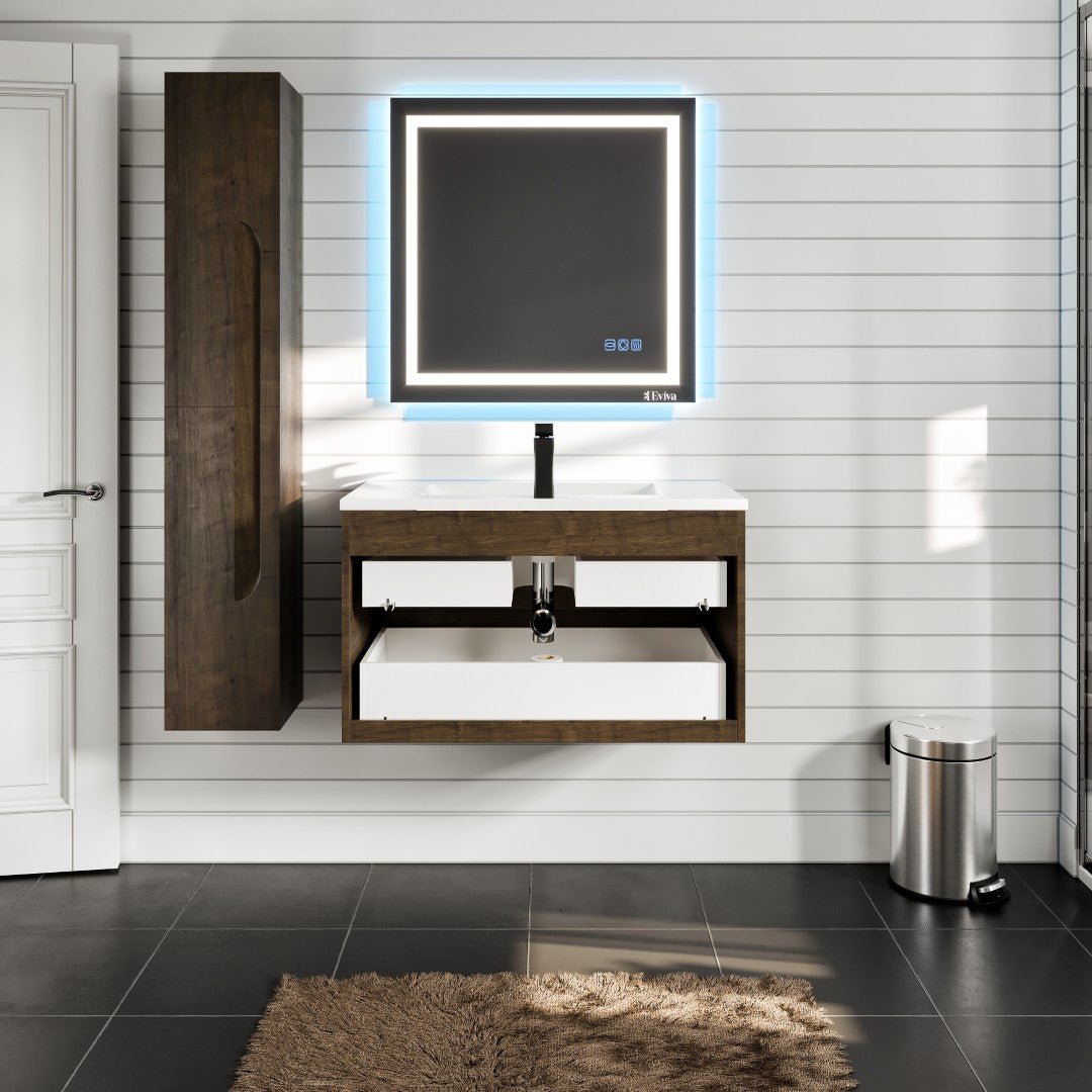 Joy 36 in. Rosewood Wall Mount Single Sink Bath Vanity with Porcelain Top and Integrated Sink - Bathroom Vanity by Eviva