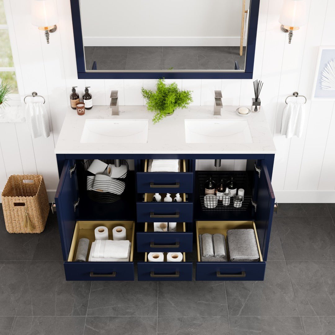 London 54 in. Blue Double Sink Bath Vanity with Carrara Quartz Top and Undermount Porcelain Sinks - Bathroom Vanity by Eviva