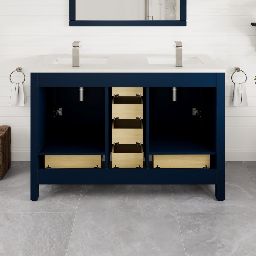 London 48 in. Blue Double Sink Bath Vanity with Carrara Quartz Top and Undermount Porcelain Sinks - Bathroom Vanity by Eviva