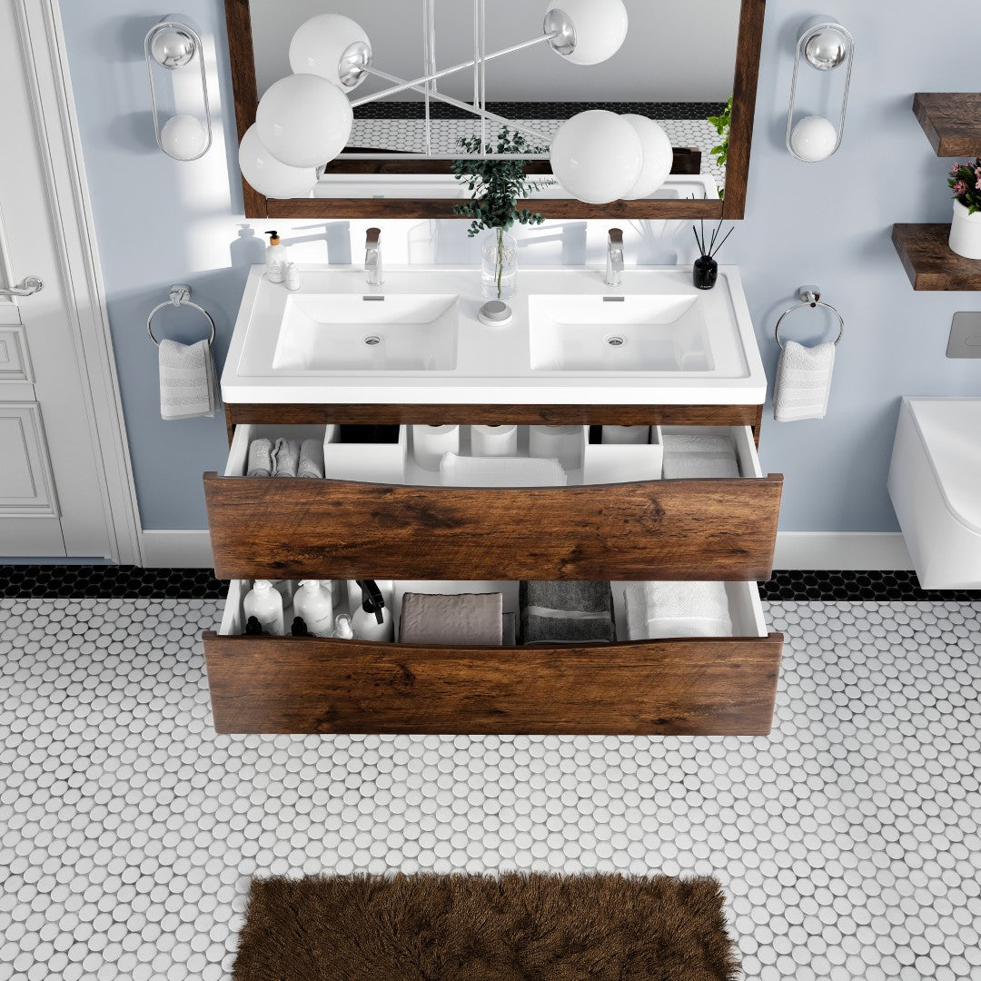 Smile 48 in. Rosewood Wall Mount Double Sink Bath Vanity with Acrylic Top and Integrated Sinks