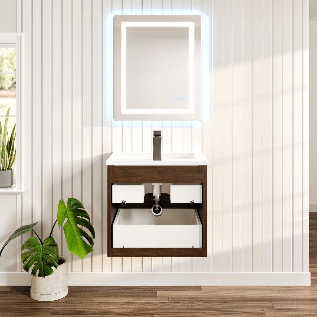 Joy 24 in. Rosewood Wall Mount Single Sink Bath Vanity with Porcelain Top and Integrated Sink - Bathroom Vanity by Eviva