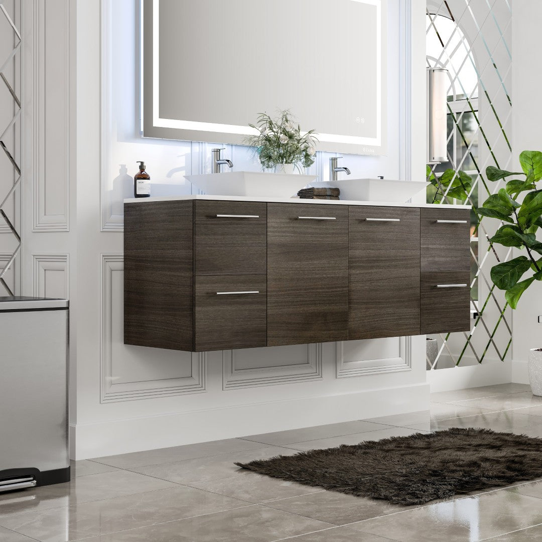 Luxurious 60 in. Gray Oak Wall Mount Double Sink Bath Vanity with White Quartz Top and Vessel Porcelain Sinks