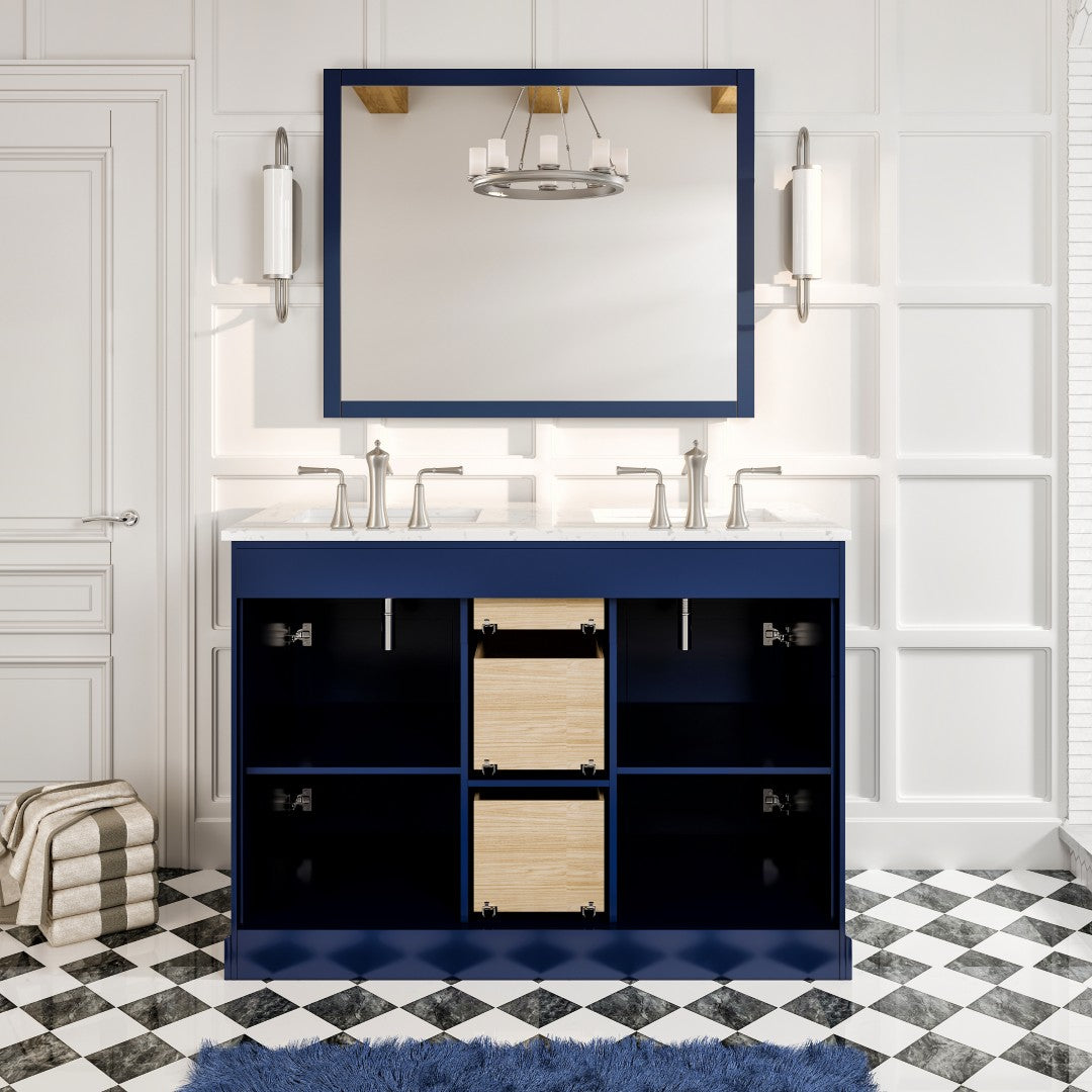 Epic 48 in. Blue Double Sink Bath Vanity with Carrara Quartz Top and Undermount Porcelain Sinks