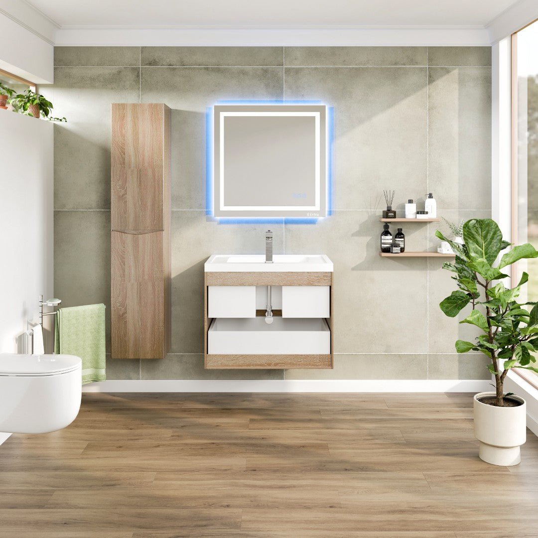Smile 30 in. White Oak Wall Mount Single Sink Bath Vanity with Acrylic Top and Integrated Sink - Bathroom Vanity by Eviva