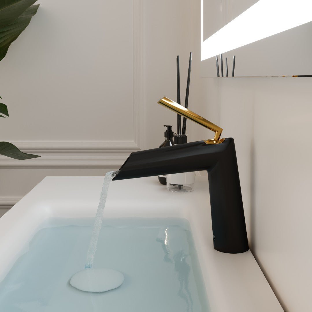 Eviva Black Single - Handle Waterfall Single - Hole Bathroom Faucet with Gold Handle in Black - Bathroom Faucet by Eviva