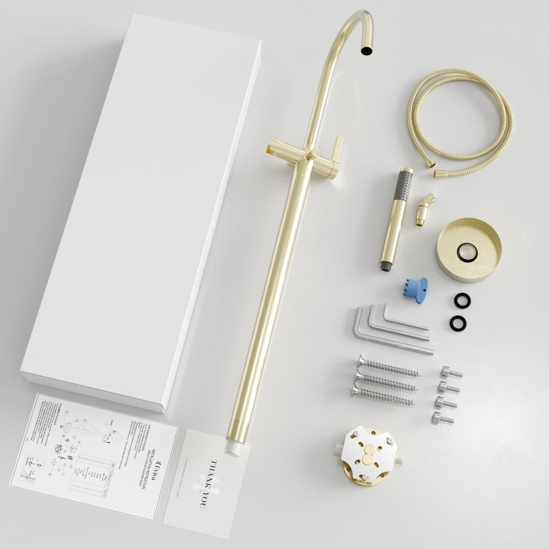 Eviva Modem Single-Handle Freestanding Tub Faucet with Hand Shower in Brushed Gold