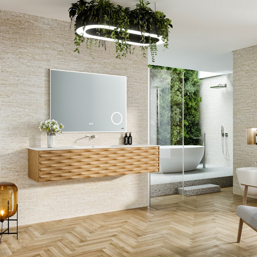 Oahu 55 in. Oak Wall Mount Single Sink Bath Vanity with Solid Surface Top and Integrated Sink