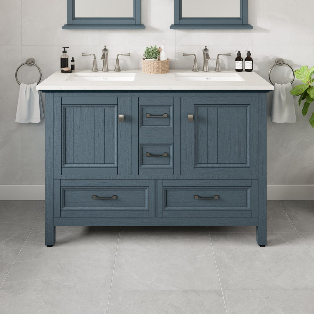 A Britney 48 in. Ash Blue Double Sink Bath Vanity with Carrara Quartz Top and Undermount Porcelain Sinks, displayed in a bathroom setting.