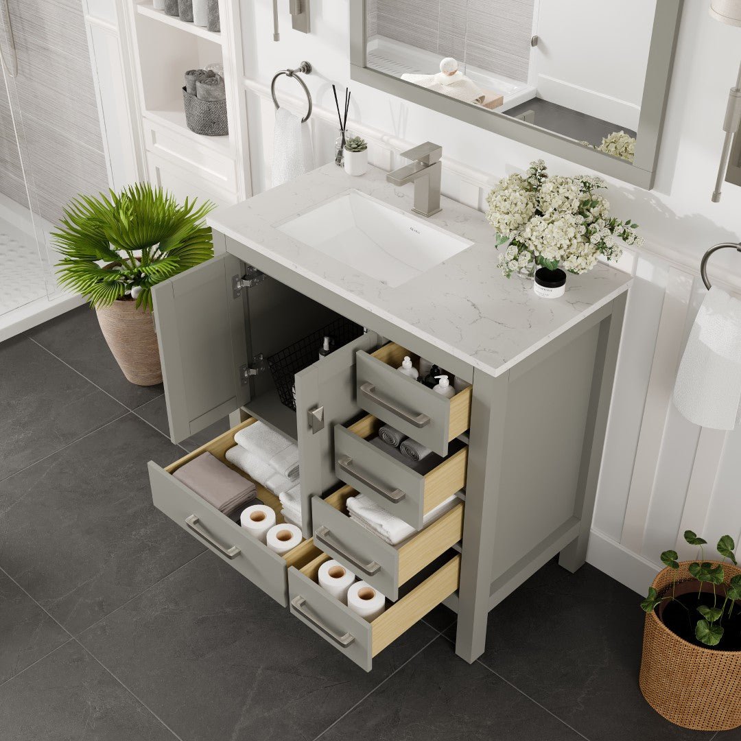 London 36 in. Gray Single Sink Bath Vanity with Carrara Quartz Top and Undermount Porcelain Sink - Bathroom Vanity by Eviva