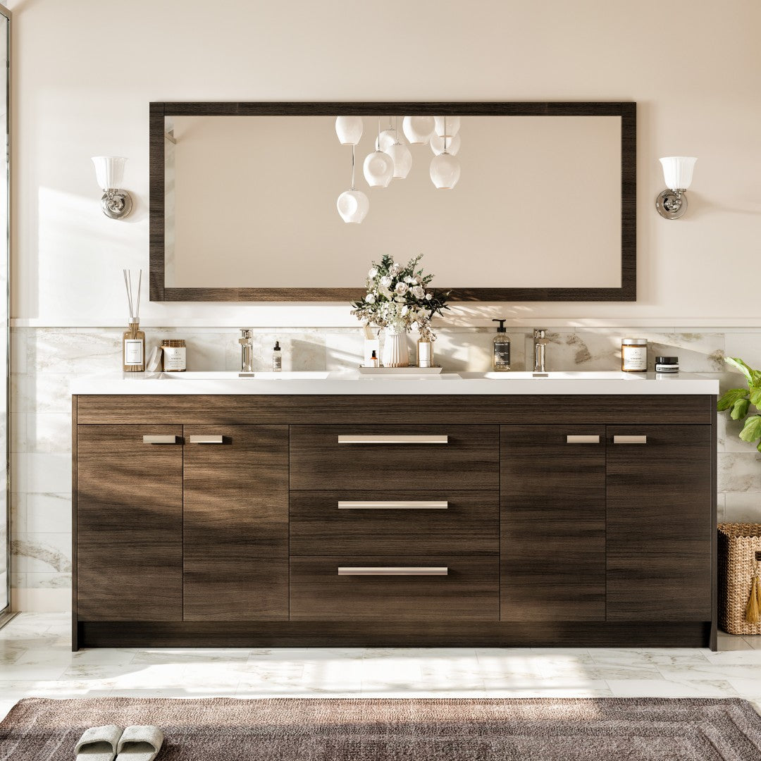 Modern Lugano 84 in. Gray Oak Double Sink Bath Vanity with an acrylic top and integrated sinks, featuring a gray oak finish and a large mirror above the vanity.