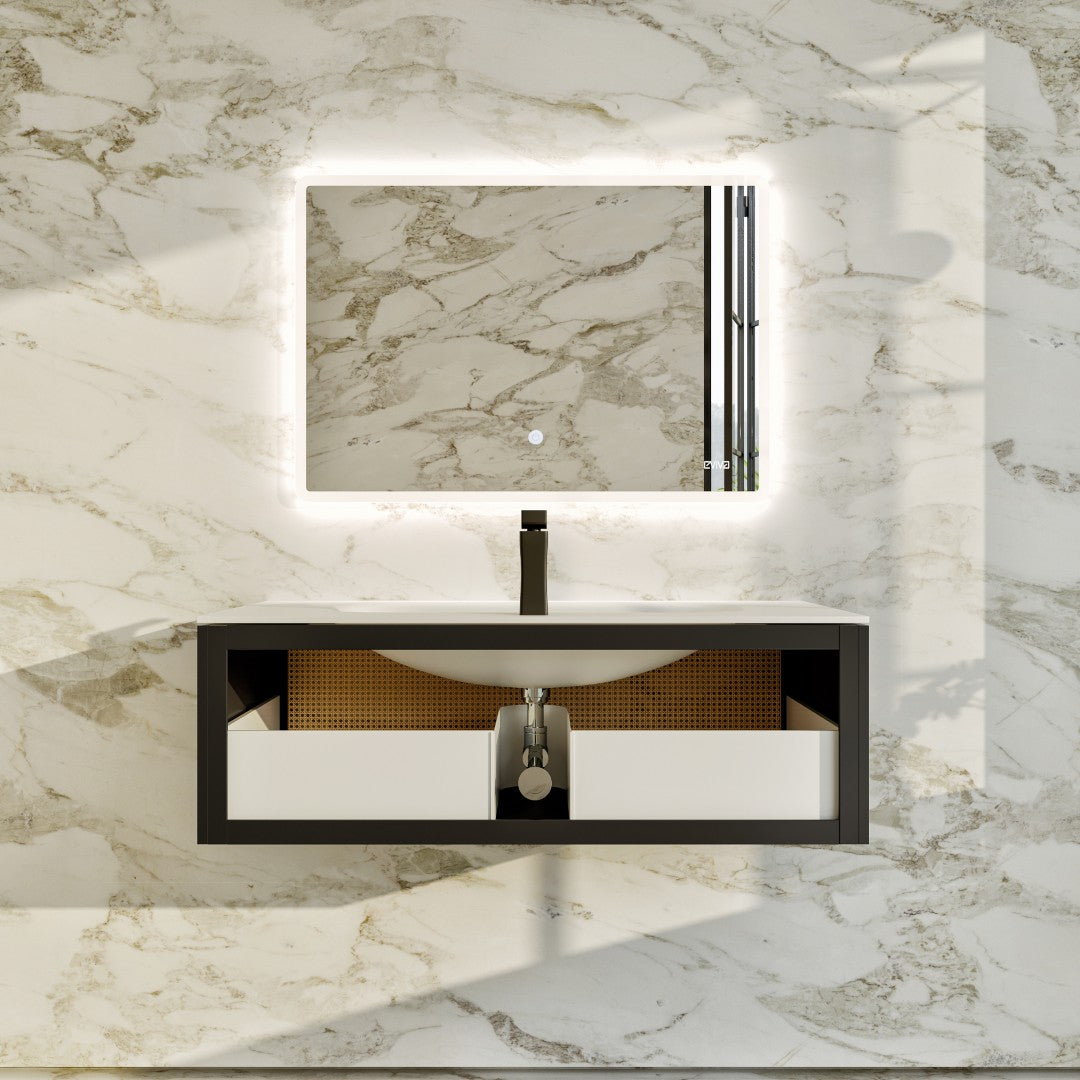 Nets 32 in. Natural Oak/Black Wall Mount Single Sink Bath Vanity with Solid Surface Top and Integrated Sink