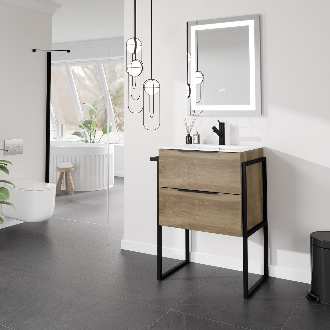 Marina 27 in. Natural Oak Single Sink Bath Vanity with Porcelain Top and Integrated Sink