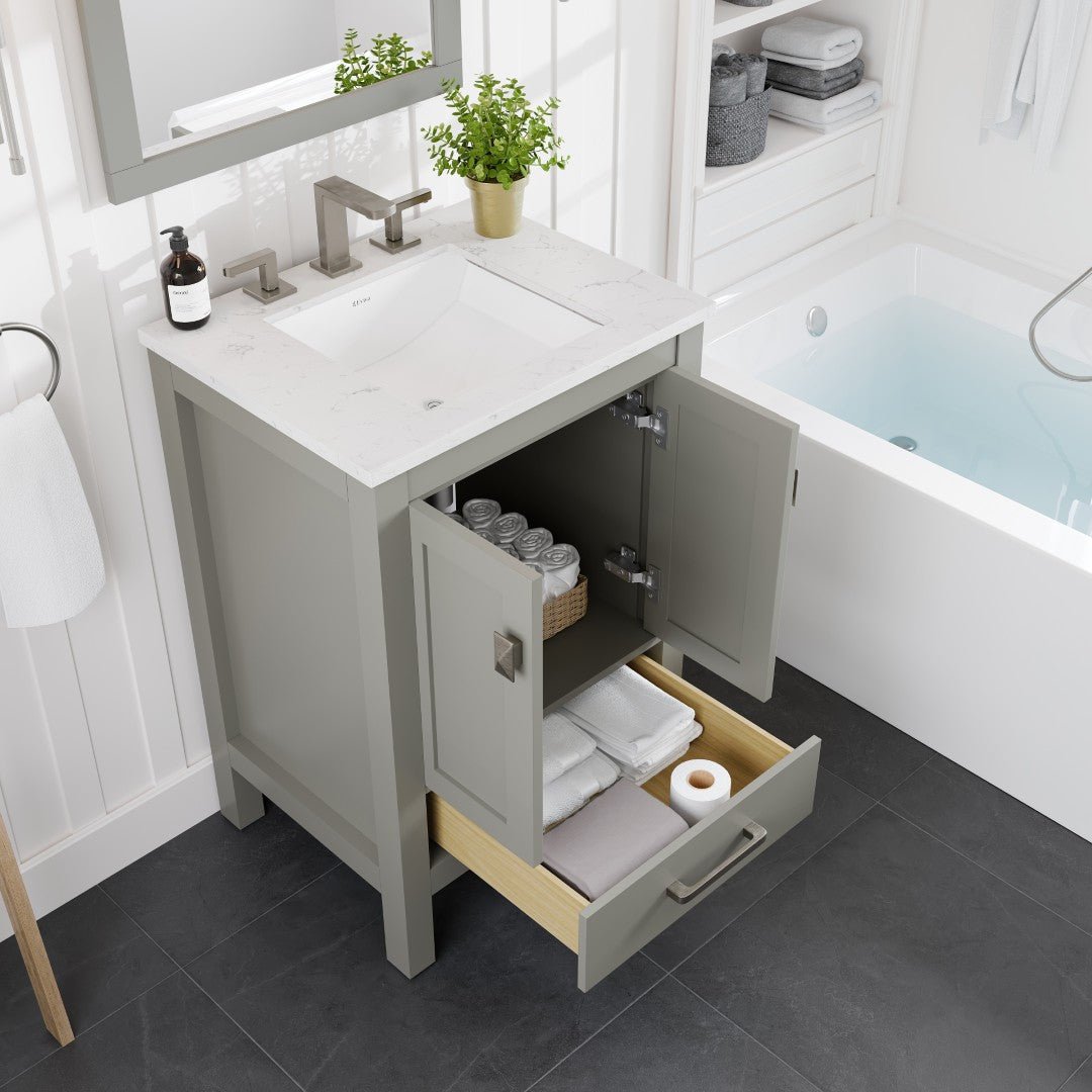 Aberdeen 24 in. Gray Single Sink Bath Vanity with Carrara Quartz Top and Undermount Porcelain Sink - Bathroom Vanity by Eviva