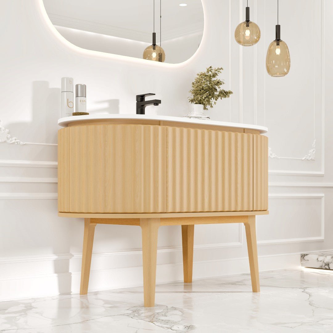 Haven 39 in. Natural Oak Freestanding Single Sink Bath Vanity with Solid Surface Top and Integrated Sink - Bathroom Vanity by Eviva