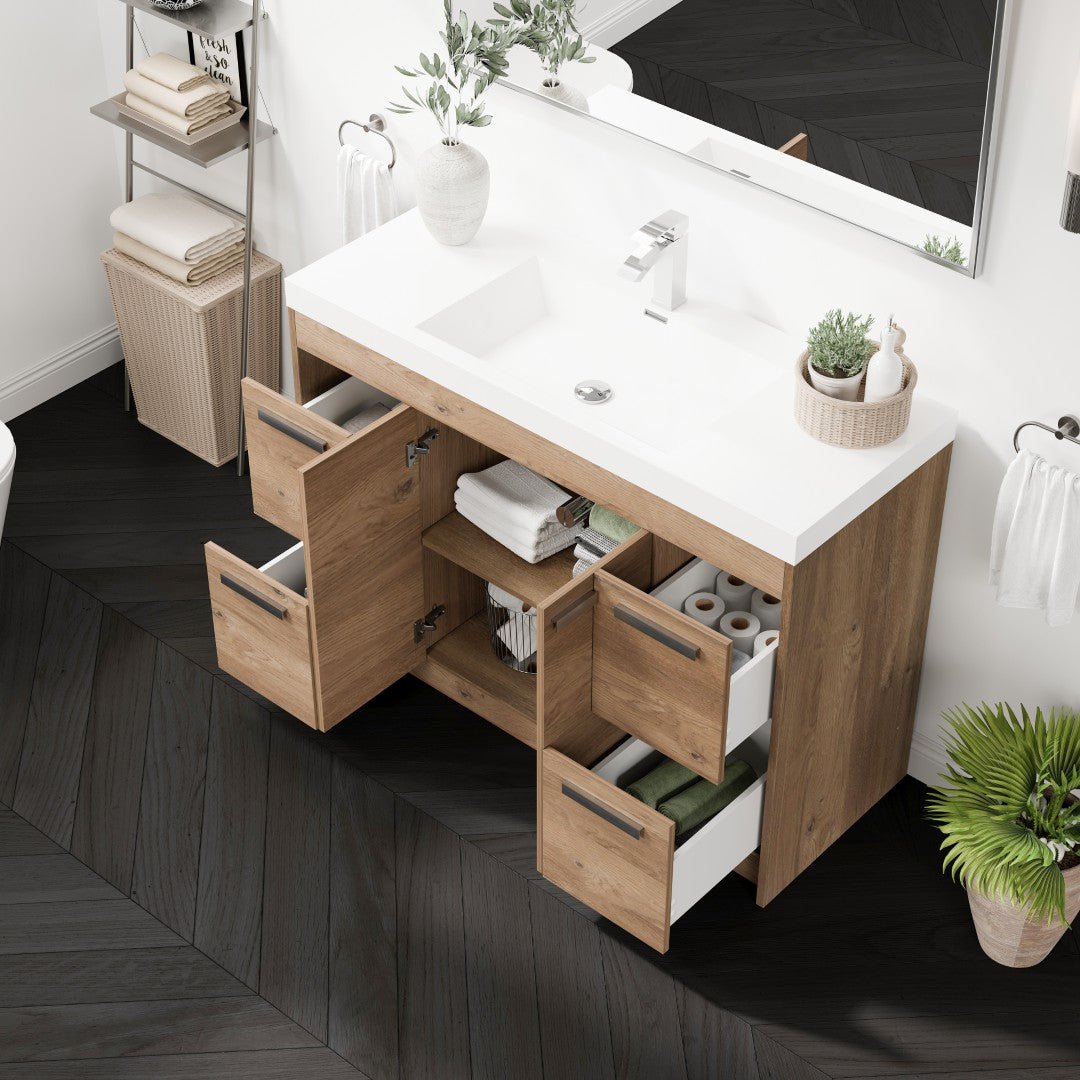 Lugano 48 in. Natural Oak Single Sink Bath Vanity with Acrylic Top and Integrated Sink - Bathroom Vanity by Eviva