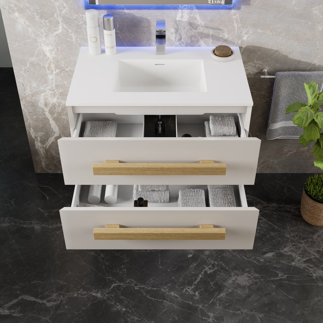 Element 32 in. White Wall Mount Single Sink Bath Vanity with Solid Surface Top and Integrated Sink