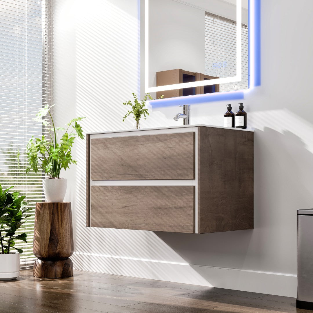 Luna 32 in. Gray Oak Wall Mount Single Sink Bath Vanity with Porcelain Top and Integrated Sink
