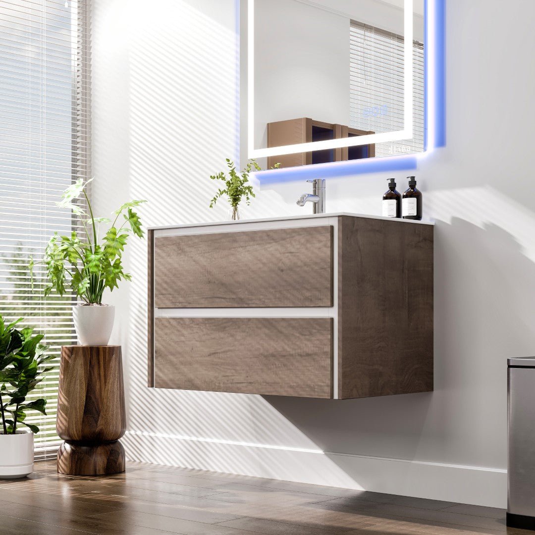 Luna 32 in. Gray Oak Wall Mount Single Sink Bath Vanity with Porcelain Top and Integrated Sink - Bathroom Vanity by Eviva