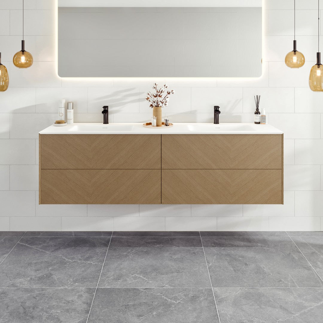 Lotus 59 in. Natural Oak Wall Mount Double Sink Bath Vanity with Solid Surface Top and Integrated Sinks