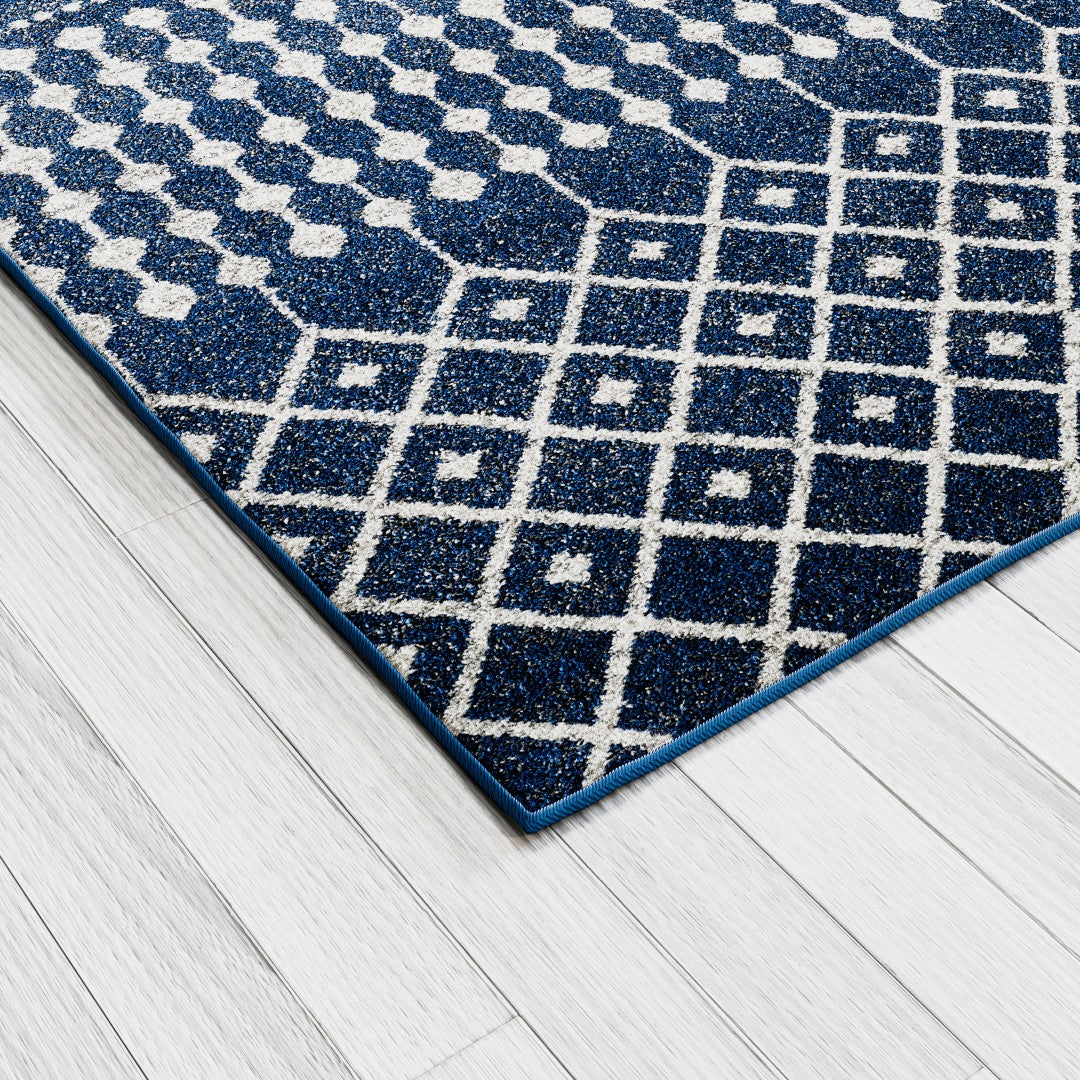 Eviva Grid 5' x 7' Geometric Blue/Cream Rug - Rug by Eviva