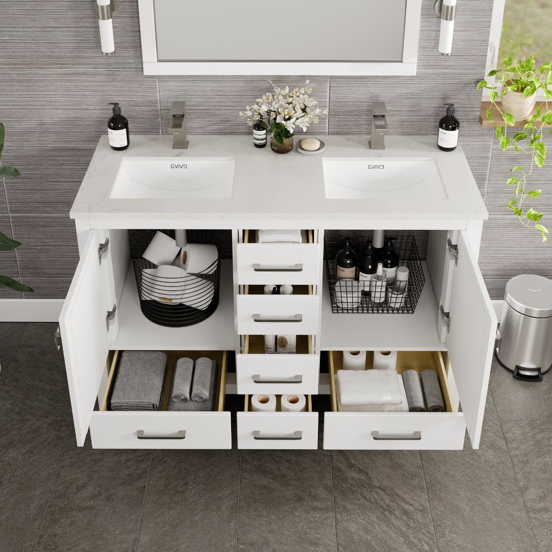London 48 in. White Double Sink Bath Vanity with Carrara Quartz Top and Undermount Porcelain Sinks - Bathroom Vanity by Eviva