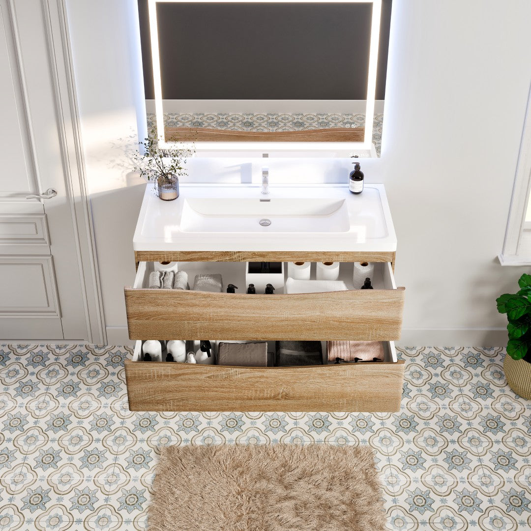 Smile 48 in. White Oak Wall Mount Single Sink Bath Vanity with Acrylic Top and Integrated Sink