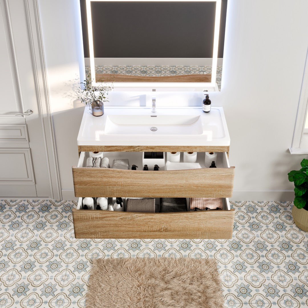 Smile 48 in. White Oak Wall Mount Single Sink Bath Vanity with Acrylic Top and Integrated Sink - Bathroom Vanity by Eviva