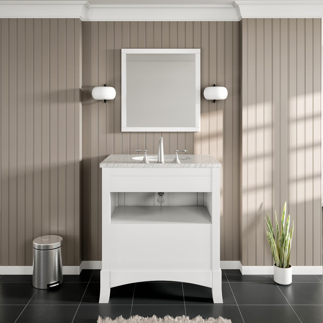 New York 30 in. White Single Sink Bath Vanity with Carrara Marble Top and Undermount Porcelain Sink