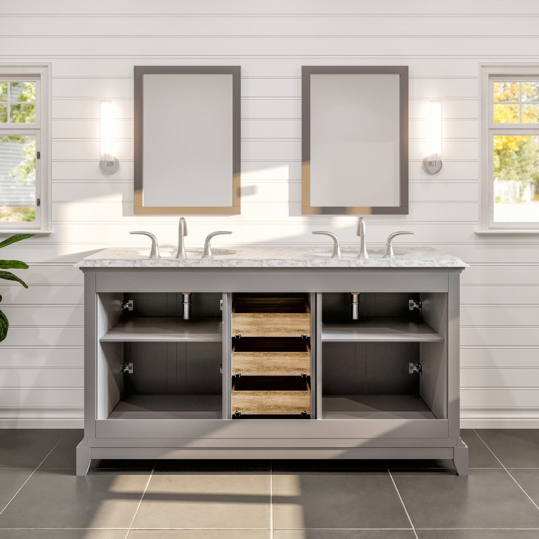 Elite Stamford 60 in. Gray Double Sink Bath Vanity with Marble Top and Undermount Porcelain Sinks